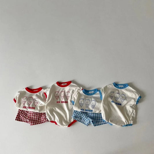 2023 Summer New Baby Cute Ice Cream Print Clothes Set Infant Boy Short Sleeve T Shirt 2pcs Set Cotton Baby Girl Plaid Shorts Set