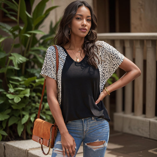 2024 Summer New Arrival Leopard Print Patchwork Short-Sleeved T-shirt Female Fashion V-neck Casual Half Oversleeve Head Tops Female