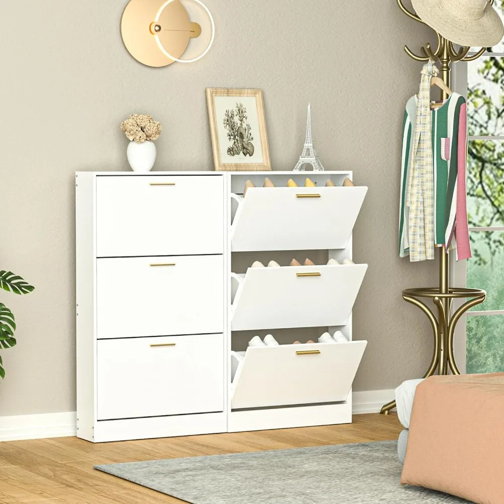 Narrow Shoe Storage Cabinet, Shoe Cabinet for Entryway with 3 Flip Drawers, Wood Hidden Storage