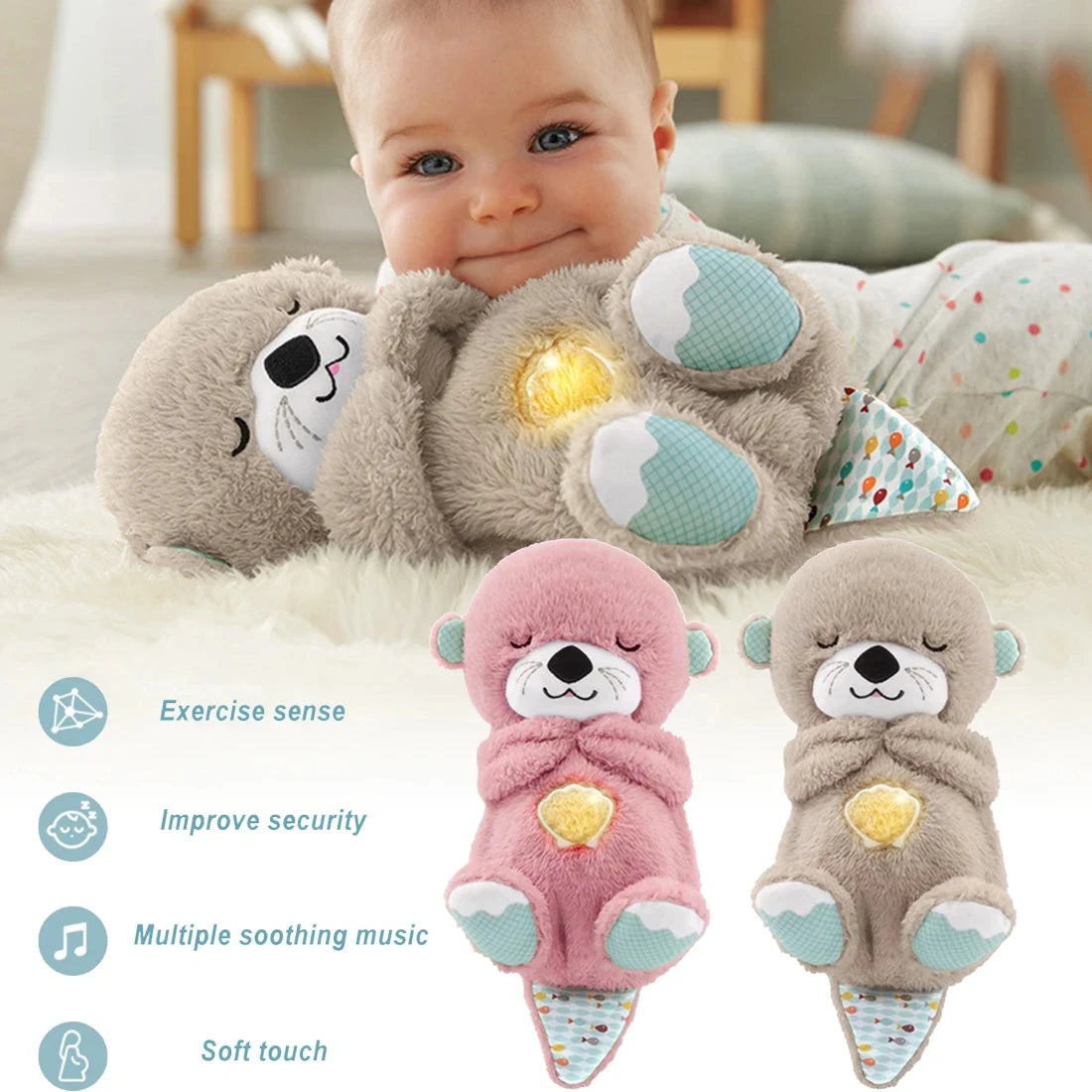 Baby Breathing Bear Baby Soothing Otter Plush Doll Toy Baby Kids Soothing Music Sleeping Companion Sound and Light Doll Toy Gift